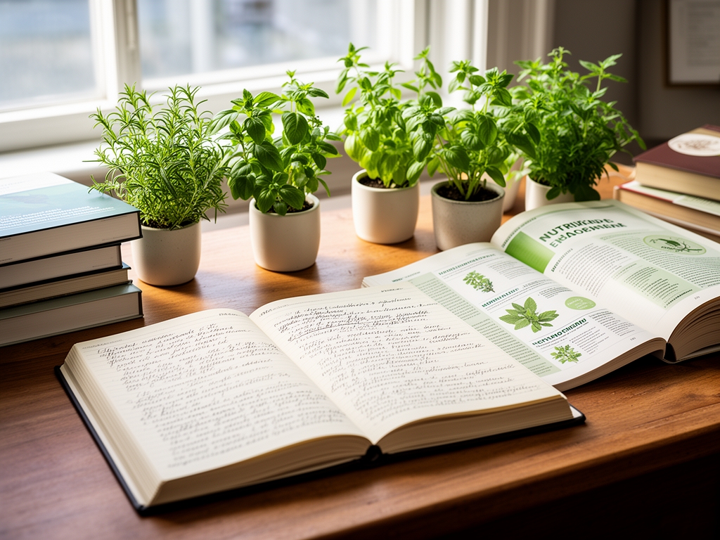 Scrivania di lavoro accademica con libri aperti su argomenti di botanica e nutrizione, taccuino con appunti scritti a mano, piante aromatiche in piccoli vasi e luce naturale da finestra che illumina il piano di lavoro in legno