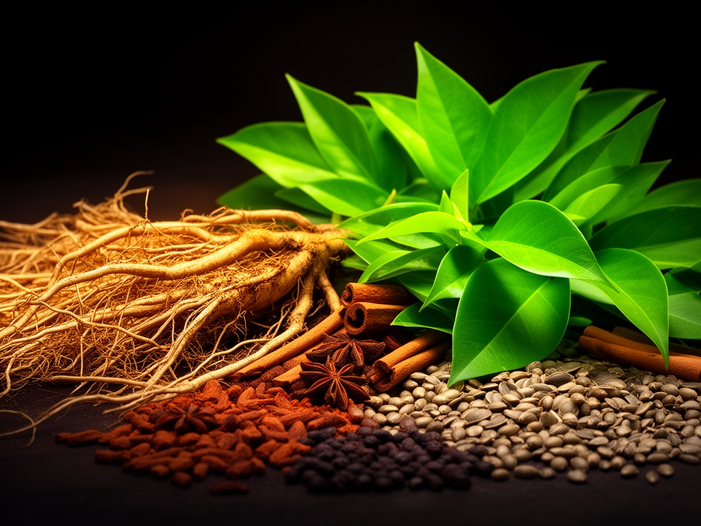 Composizione artistica di ingredienti naturali freschi su sfondo scuro: radici, foglie verdi brillanti, semi e spezie disposte con cura, illuminati da una luce calda e direzionale che crea un effetto cinematografico