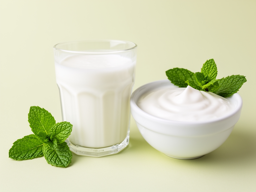 Kefir in un bicchiere trasparente accanto a yogurt naturale in ciotola bianca, con foglie di menta fresca e sfondo pastello chiaro, luce diffusa che crea una composizione tranquilla e fresca