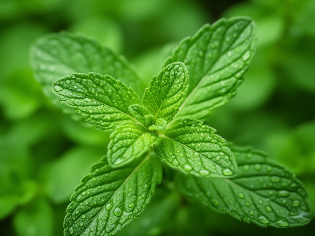 Dettaglio macro di foglie verdi di piante aromatiche con gocce d'acqua, su sfondo leggermente sfocato con luce naturale che filtra lateralmente, creando una profondità visiva e atmosfera di freschezza botanica